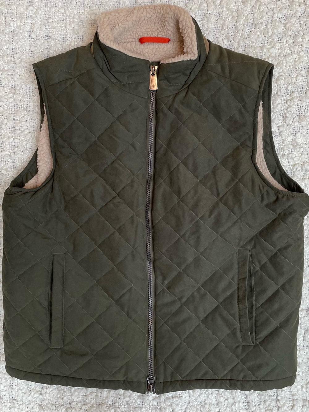 RAINFOREST Quilted Dark Olive Green Vest with Cream Sherpa Lining Size L